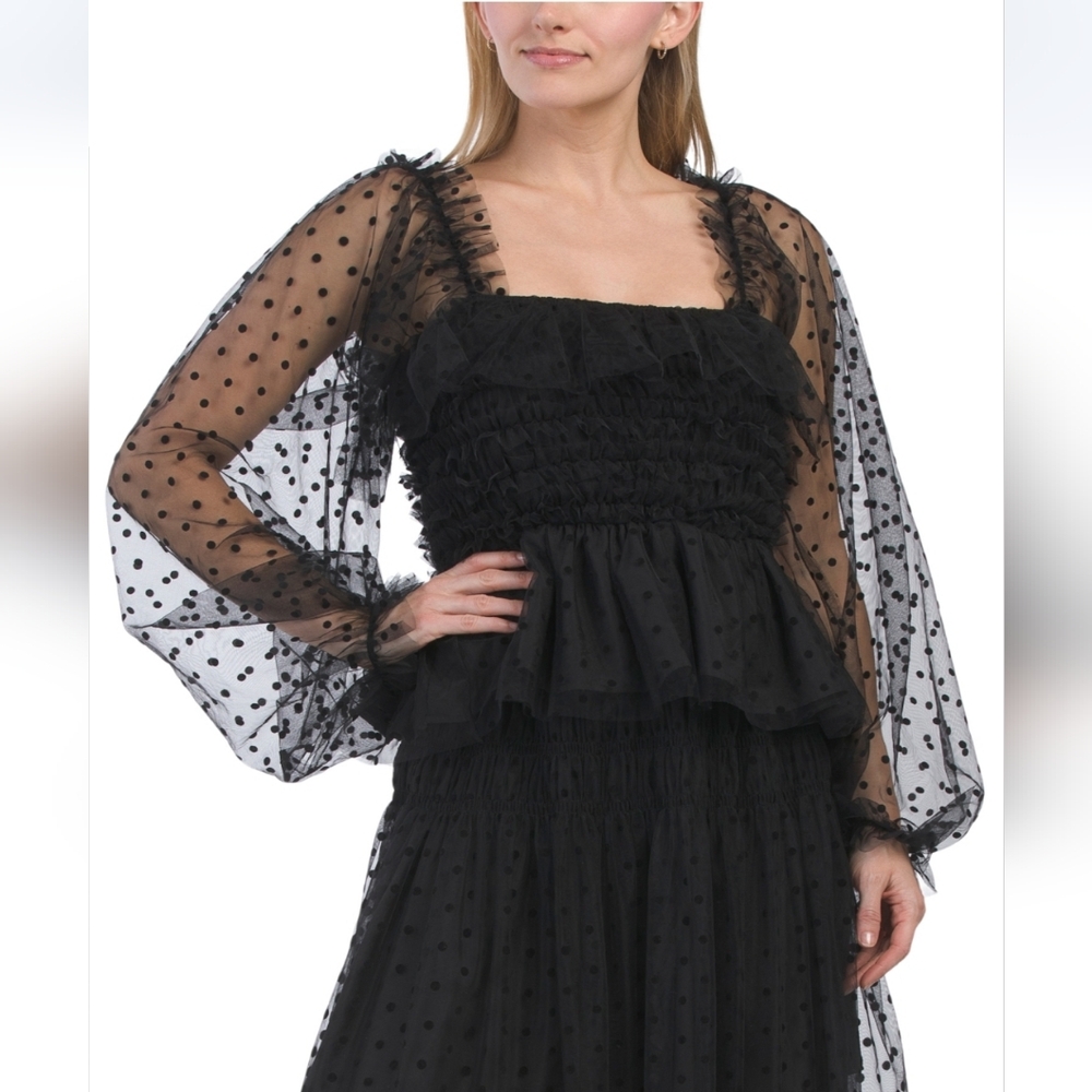 dRa Women's Black Long Sleeve Burnout Velvet Polka Dot Tiered Top